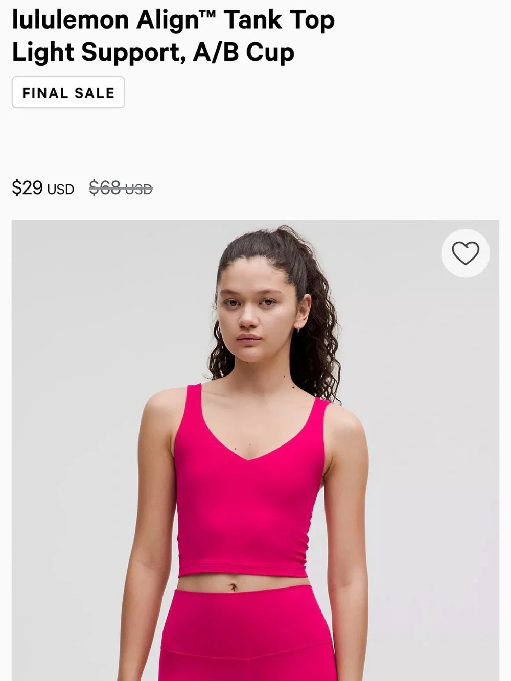 lululemon athletica Align™ Cropped Tank Top — Hot Pink